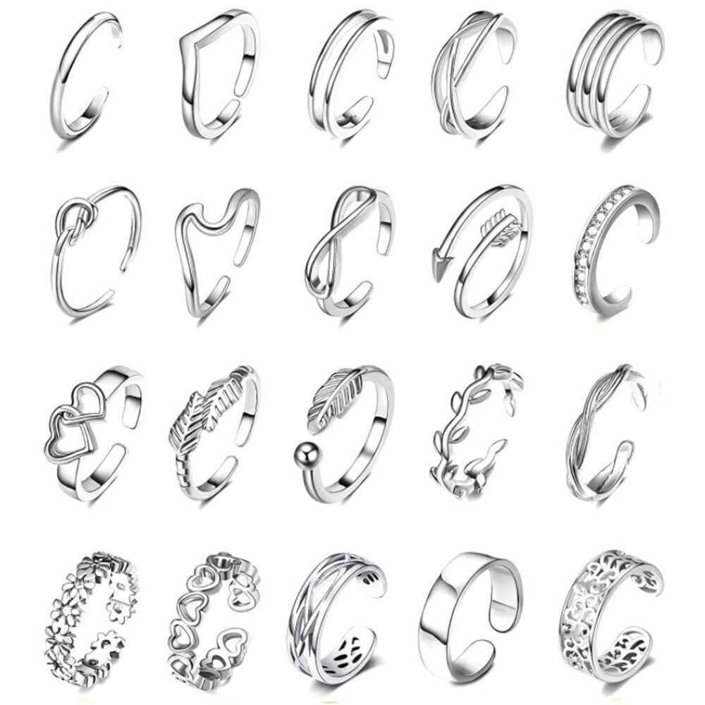 Silver Adjustable Boho Open Toe Rings - Set of 20